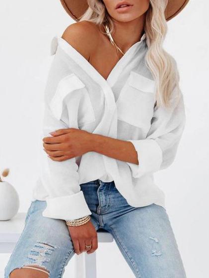 Blouses Lapel Solid Button Pocket Long Sleeve Blouse for Women