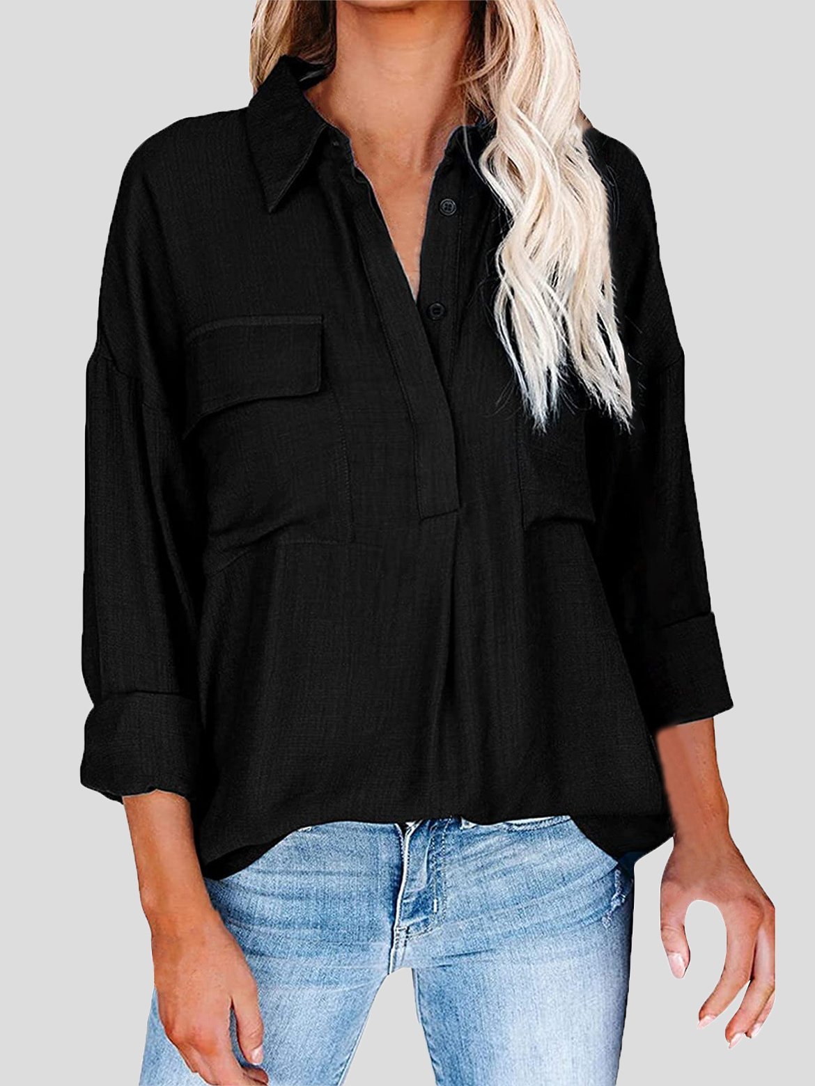 Blouses Lapel Solid Button Pocket Long Sleeve Blouse for Women