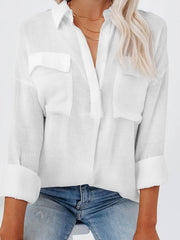 Blouses Lapel Solid Button Pocket Long Sleeve Blouse for Women