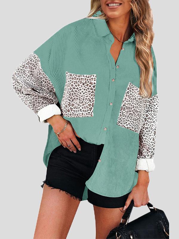 Blouses Lapel Stitching Leopard Print Pocket Long Sleeve Blouses for Women