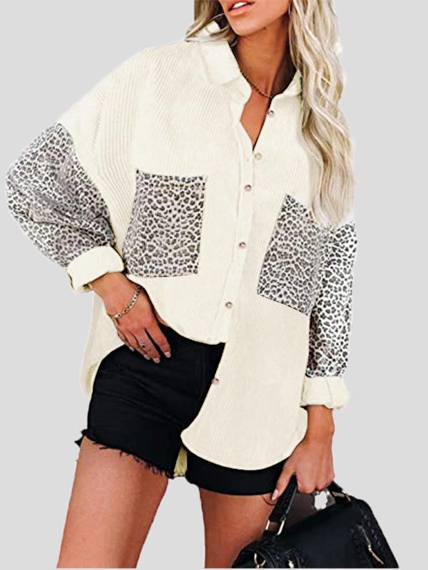 Blouses Lapel Stitching Leopard Print Pocket Long Sleeve Blouses for Women