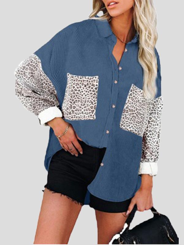 Blouses Lapel Stitching Leopard Print Pocket Long Sleeve Blouses for Women