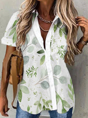 Blouses Leaf Print Lapel Button Short Sleeve Blouse for Women