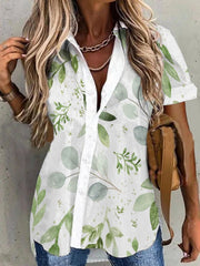 Blouses Leaf Print Lapel Button Short Sleeve Blouse for Women