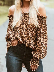 Blouses Leopard One-Shoulder Flared Sleeve Blouse for Women