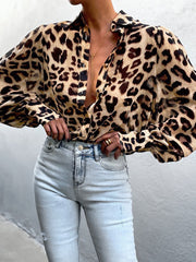 Blouses Leopard Print Bubble Long Sleeve Buttons Blouses for Women