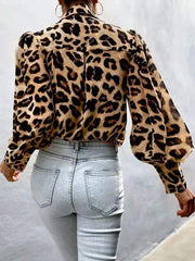 Blouses Leopard Print Bubble Long Sleeve Buttons Blouses for Women