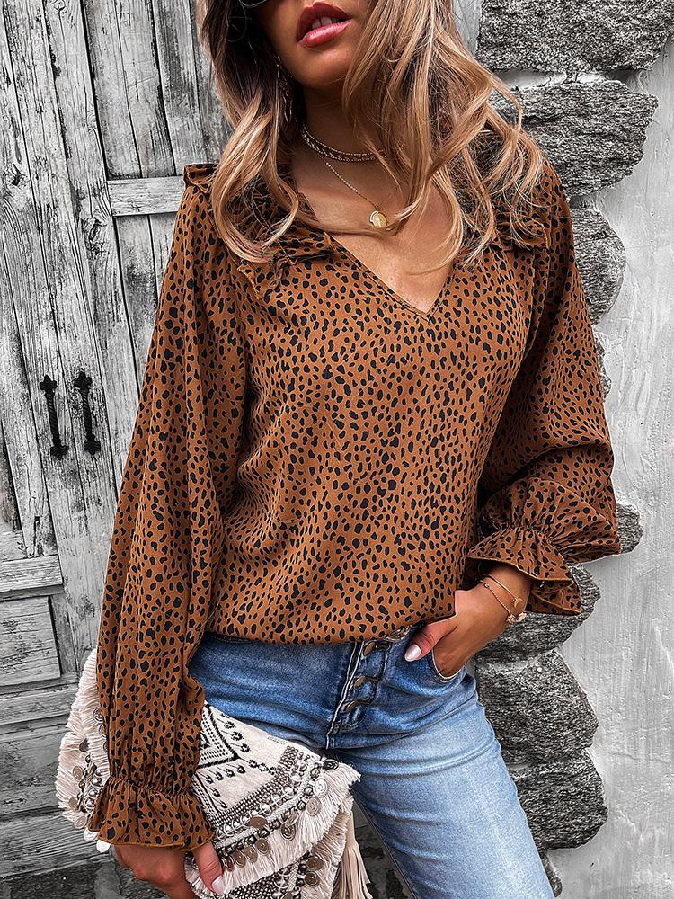 Blouses Leopard Print V-Neck Ruffled Long Sleeves Blouse for Women