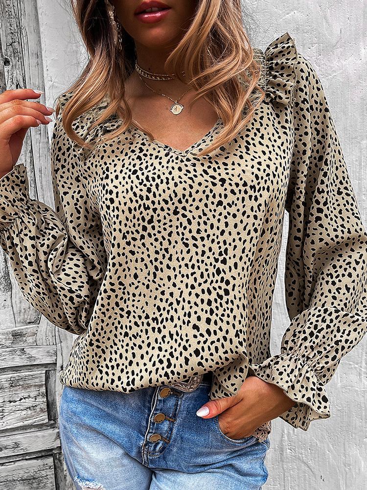 Blouses Leopard Print V-Neck Ruffled Long Sleeves Blouse for Women