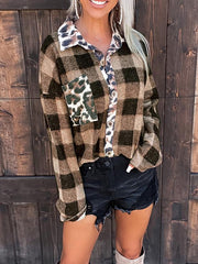 Blouses Leopard Stitching Plaid Pocket Long Sleeve Blouse for Women