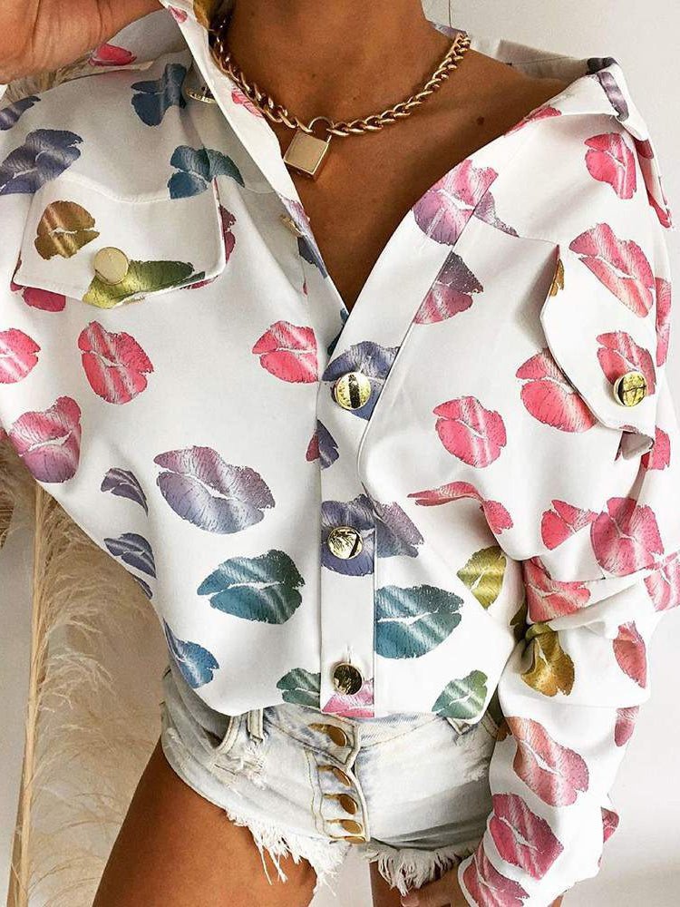 Blouses Lip Print Lapel Button Blouse for Women