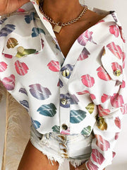 Blouses Lip Print Lapel Button Blouse for Women