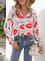 Blouses Lip Print Stand Collar Long Sleeve Blouse for Women