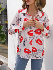 Blouses Lip Print Stand Collar Long Sleeve Blouse for Women