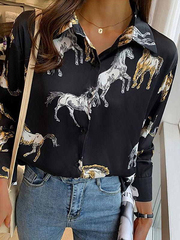 Blouses Long Sleeve Lapel Animal Printed Blouse for Women