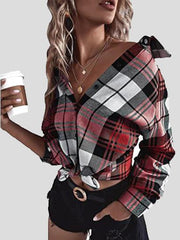 Blouses Loose Button Long Sleeve Plaid Blouse for Women