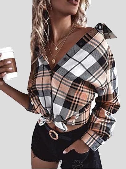 Blouses Loose Button Long Sleeve Plaid Blouse for Women