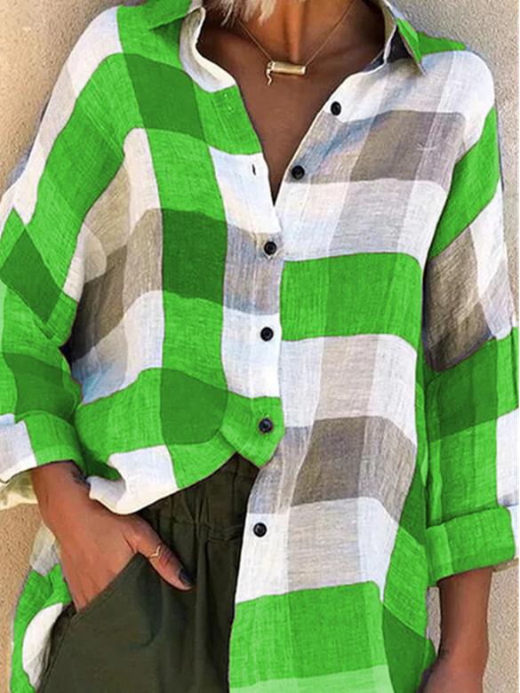 Blouses Loose Check Print Button Long Sleeve Blouses for Women