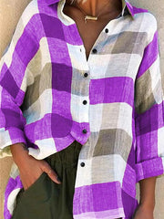 Blouses Loose Check Print Button Long Sleeve Blouses for Women