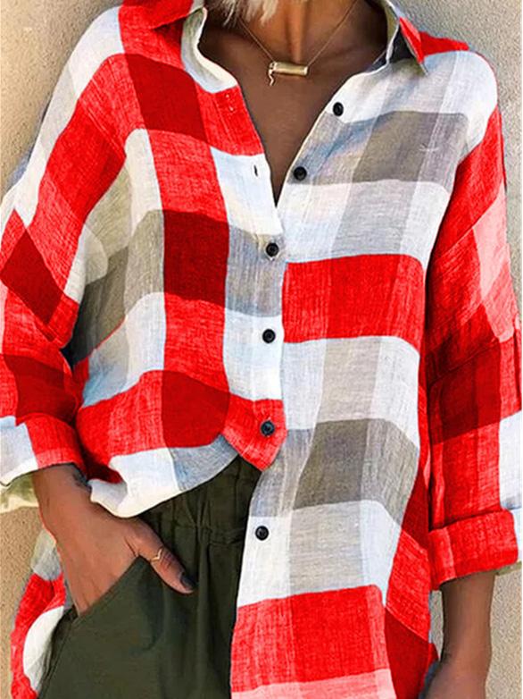 Blouses Loose Check Print Button Long Sleeve Blouses for Women