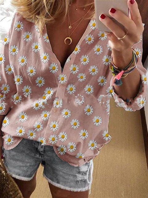 Blouses Loose Floral Single Breasted Long Sleeve Blouse for Women