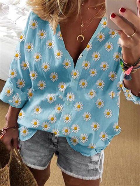 Blouses Loose Floral Single Breasted Long Sleeve Blouse for Women