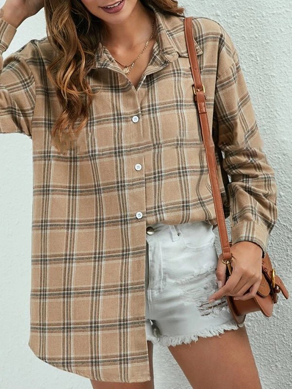 Blouses Loose Lapel Long Sleeve Plaid Blouse for Women