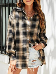 Blouses Loose Lapel Long Sleeve Plaid Blouse for Women