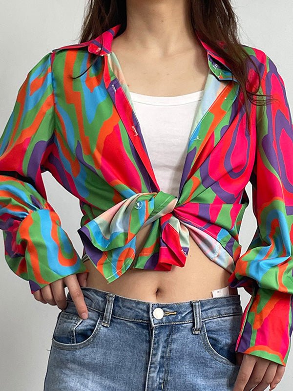 Blouses Loose Print Button Balloon Sleeve Blouse for Women