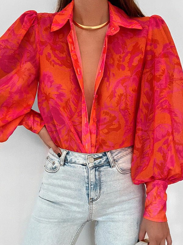 Blouses Loose Print Button Balloon Sleeve Blouse for Women