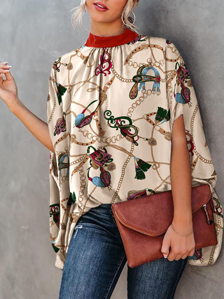 Blouses Loose Print Crew Neck Doll Sleeve Blouse for Women