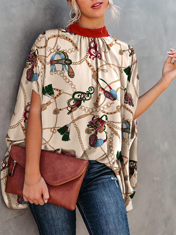 Blouses Loose Print Crew Neck Doll Sleeve Blouse for Women