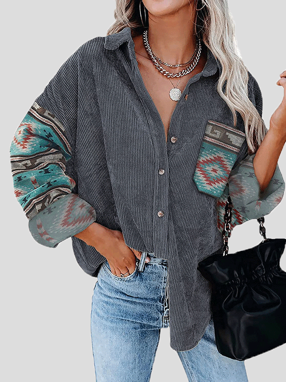 Blouses Loose Print Stitching Lapel Long Sleeve Blouse for Women