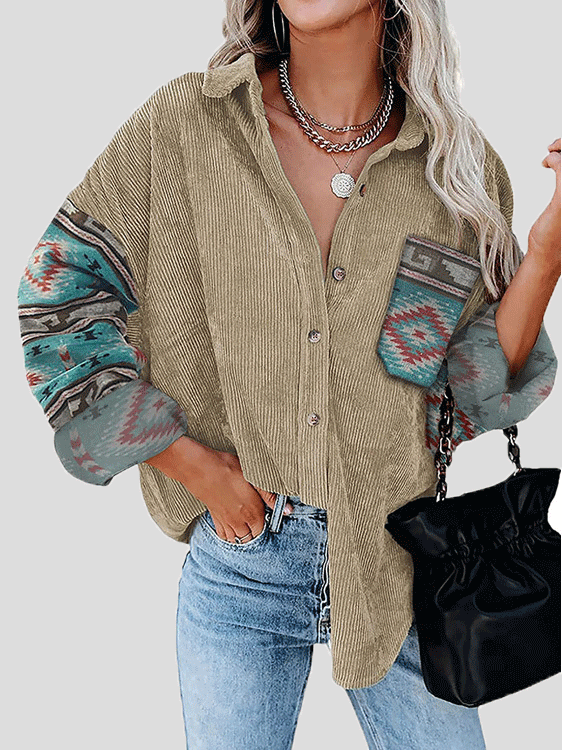 Blouses Loose Print Stitching Lapel Long Sleeve Blouse for Women