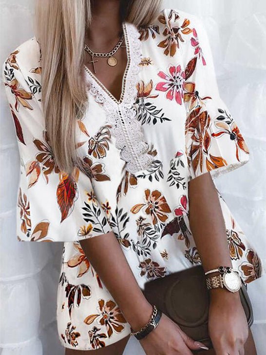 Blouses Loose Print V-Neck Lace Blouse for Women