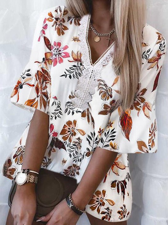 Blouses Loose Print V-Neck Lace Blouse for Women