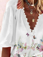 Blouses Loose Print V-Neck Lace Mid Sleeve Blouse for Women