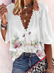 Blouses Loose Print V-Neck Lace Mid Sleeve Blouse for Women