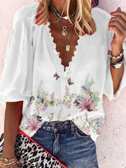 Blouses Loose Print V-Neck Lace Mid Sleeve Blouse for Women