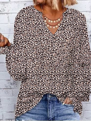 Blouses Loose Print V-Neck Long Sleeve Blouse for Women