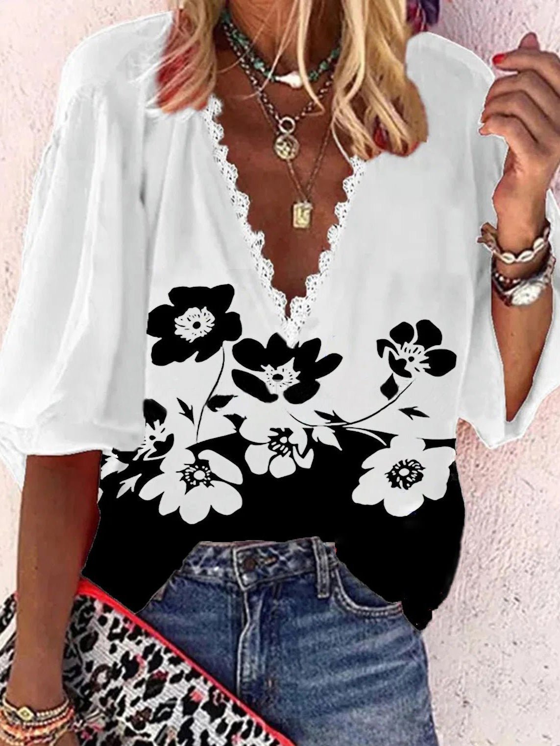 Blouses Loose Printed Lace V-Neck Mid Sleeves Blouse for Women