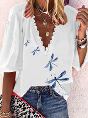 Blouses Loose Printed Lace V-Neck Mid Sleeves Blouse for Women