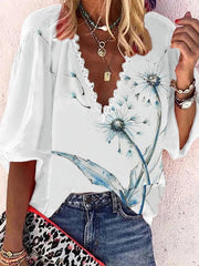 Blouses Loose Printed Lace V-Neck Mid Sleeves Blouse for Women