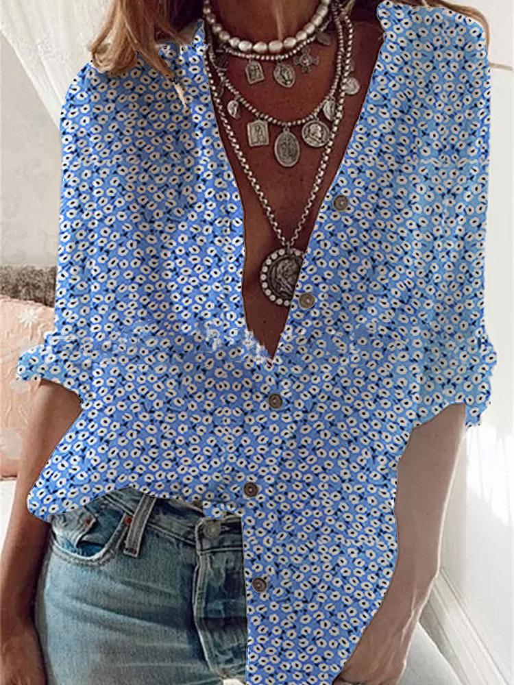 Blouses Loose Printed V-Neck Long Sleeve Blouses for Women