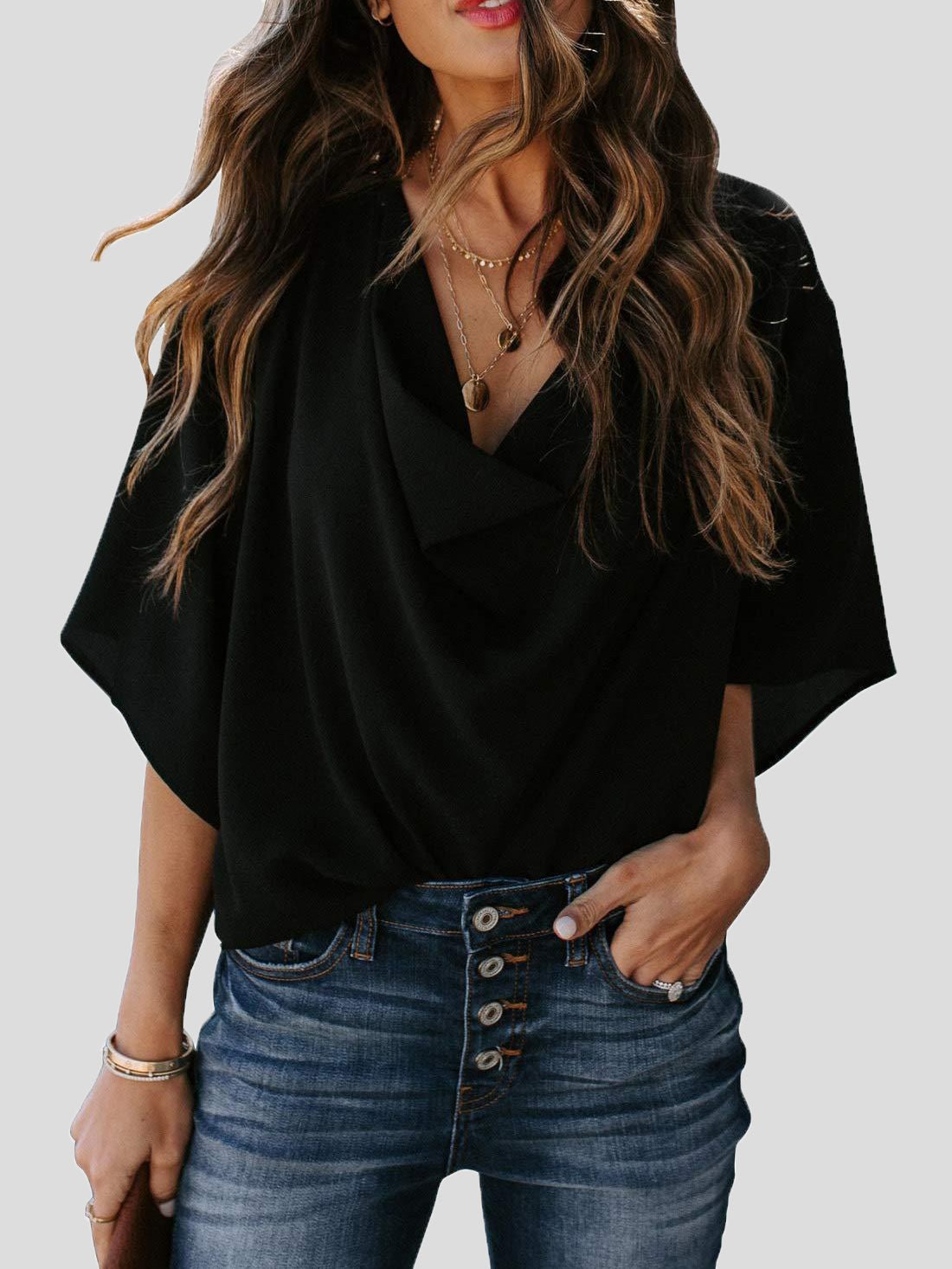 Blouses Loose Solid Pile Collar Chiffon Blouse for Women