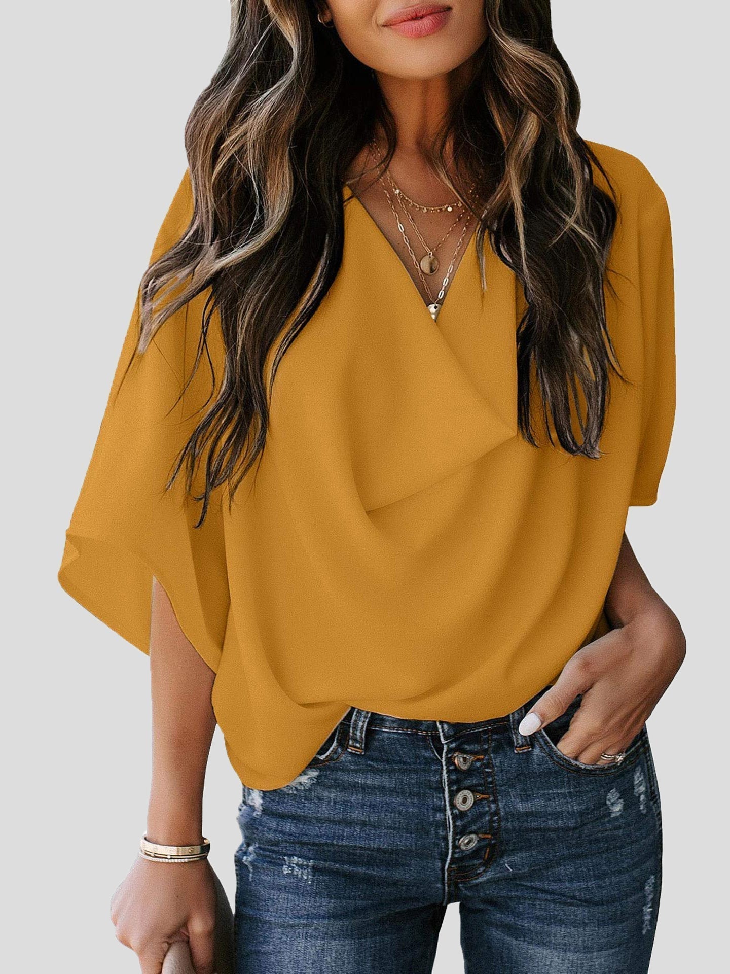 Blouses Loose Solid Pile Collar Chiffon Blouse for Women