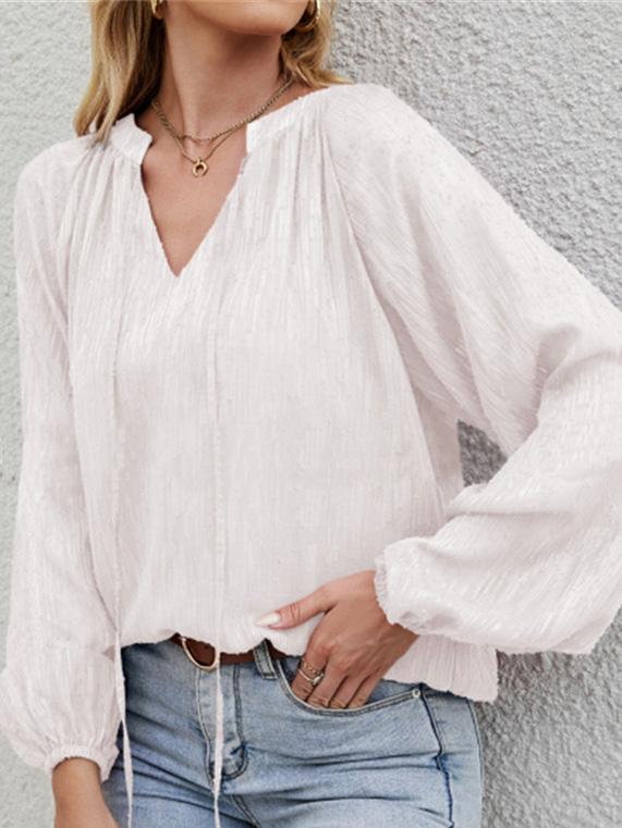 Blouses Loose Solid V-Neck Long Sleeve Blouse for Women