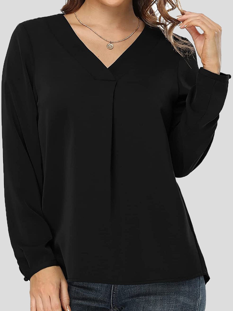 Blouses Loose Solid V-Neck Long Sleeve Blouse for Women