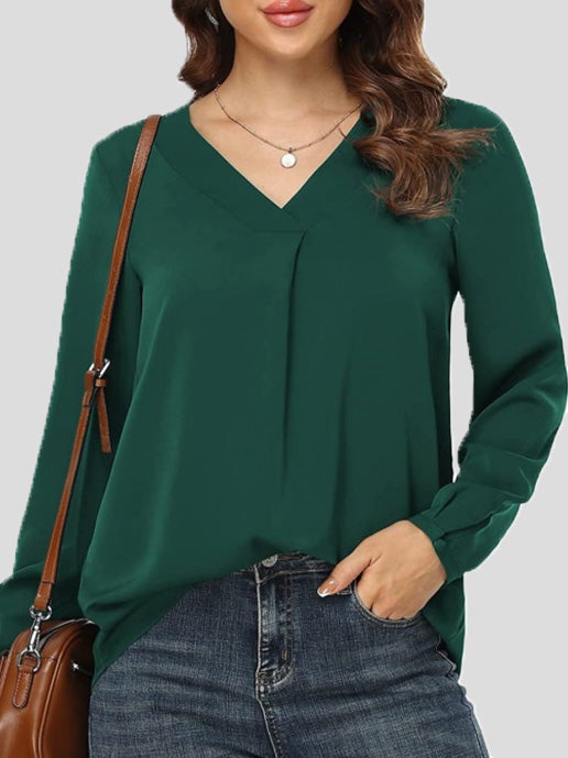 Blouses Loose Solid V-Neck Long Sleeve Blouse for Women