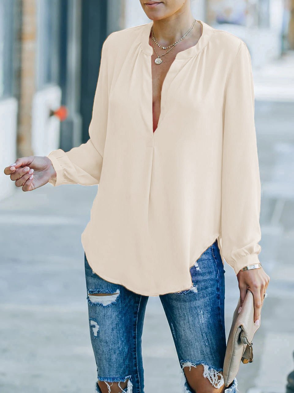 Blouses Loose Solid V-Neck Long Sleeve Blouse for Women